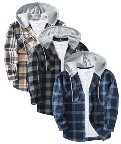 JACKETOWN 3 Pack Men's Plaid Shirts Long Sleeve Casual Hooded Flannel Shirt Multipack Work Checked Shirts Adult 4 Seasons Lightweight Button Down Hoodie with Pocket