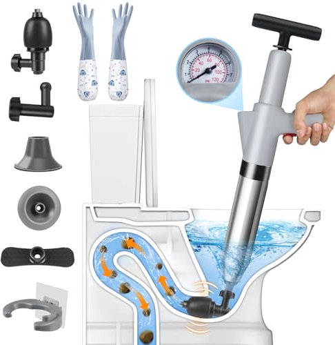 inShareplus Druckluft Rohrreiniger mit Manometer, Graue Abflussreiniger Pumpe & Saugglocke mit 4 Aufsätzen & Handschuhen, Pömpel Abfluss für Toilette, Spüle, Boden, Badewanne