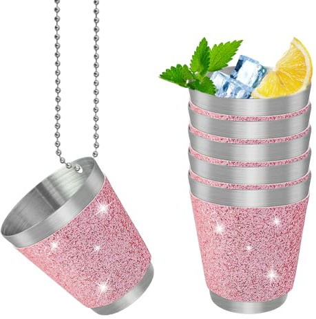 6 Pcs 30ml Shot Glasses for Hanging,Shot Glasses Stainless Steel Pink | Party Cups with Chain for Stag,Fancy Dress,Theme Events