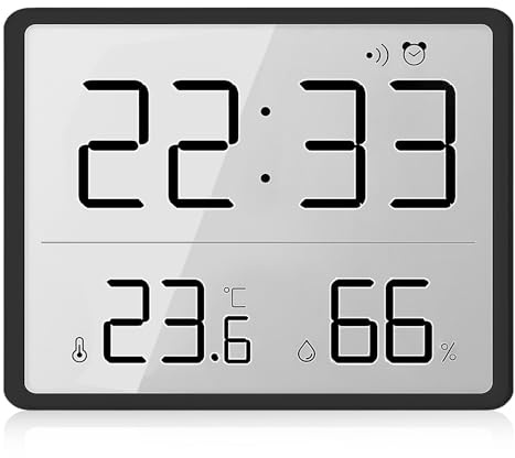 WIYETY Sveglia digitale nera: piccola sveglia da viaggio digitale con temperatura di umidità, 12/24 ore ℃/℉, sveglia magnetica da parete per casa, cucina, bagno