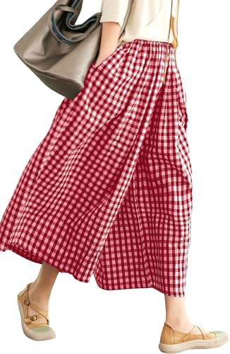 Leyoutx Pantacourt Palazzo en coton et lin pour femme - Taille élastique - Motif carreaux vichy