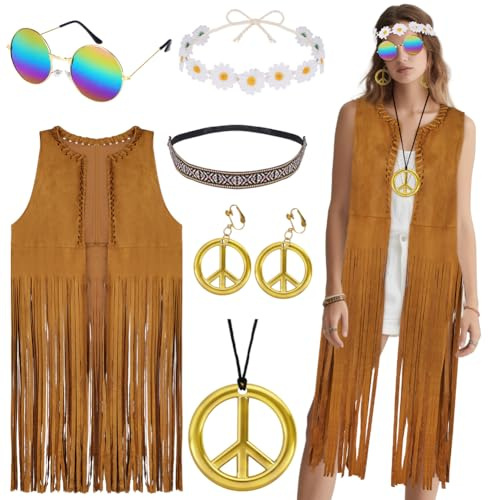 AOOWU Hippie-kostym damset, 6 st cowgirl västerländsk outfit med tofs-väst, örhängen, glasögon, fredskedja, armband, pannband, hippie-kläder 60-talet 70-talet kläder karneval kostym disco outfit