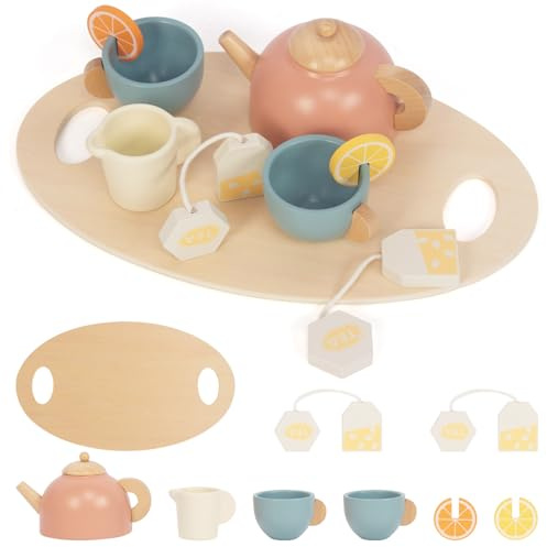 WoodenFun Blau Holz Tee Party Set Tassen Kuchen Schokolade Rollenspiel ab 3J Geschenk(Holzfarbe) | Spielküche Zubehör Geburtstagsgeschenk für Kleinkinder 3-5 Jahre alt Prinzessin Party