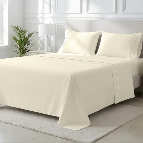 THREAD SPREAD 100% Egyptian Cotton Queen Sheet Set - 2000 Series Luxury Sheets Queen Size Bed Set (4 PC, Ivory), Silky Soft & Cooling Sateen Weave, 17 Inch Extra Deep Pocket Hotel Collection Sheet