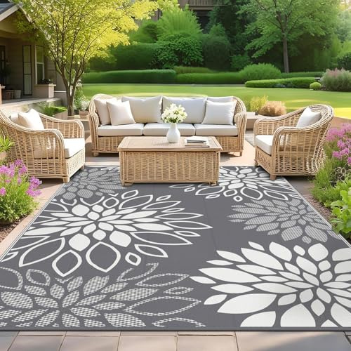 SHACOS Alfombra Exterior Impermeable Reversible, Alfombra de Exterior para Patios Plástico Ligero, Grande Outdoor Rug para Camping Jardines, Flores Gris, 150 X 240 cm