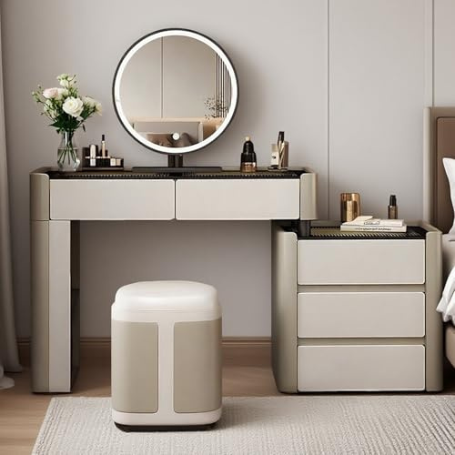 Dressing Table with Mirror, Vanity Desk 5 Drawers & Stool, Adjustable Vanity Makeup Desk with Tempered Glass Top and Foot Storage, Modern Bedroom Furniture for Women and Girls