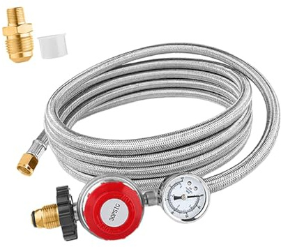 FashionCha Regulador de Propano con Manómetro Regulador de Presión Alta 0-30 PSI Conexión para Parrilla de Gas Manguera Ajustable de Metal Adecuado para Estufa, 12 Pies