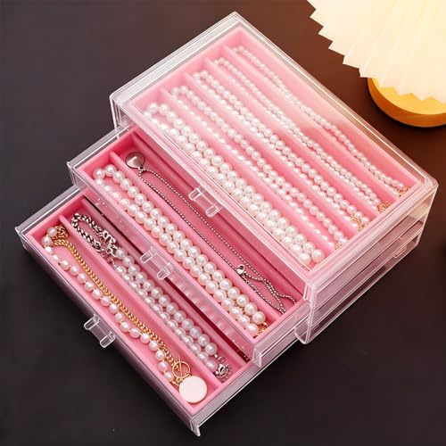 Caja de almacenamiento de collares Jinavoty, caja organizadora de collares acrílica con bandeja de terciopelo, estuche expositor a prueba de polvo para collares para mujeres y niñas (Rosa, 3 cajones)