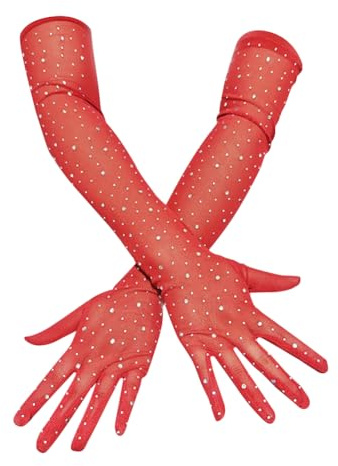 JIHUOO Glitzernde Strass-Handschuhe, lang, Kristall-Tüll-Handschuhe, glitzernd, Ellenbogenlänge, Abendhandschuh, Opern, Party, Tanz, Abschlussball, Handschuh für Hochzeit, Halloween, Kostüme, Rot