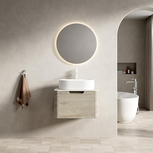 HaoChrymec Mobile Lavabo Bagno Sospeso con Ceramica e Pietra Sinterizzata, Cassetto Soft Close con Bordi Curvi, Mobile Bagno Sospeso, Lavabo Ovale, Bianco Beige ed Effetto Rovere Crema, 60x46x50 cm