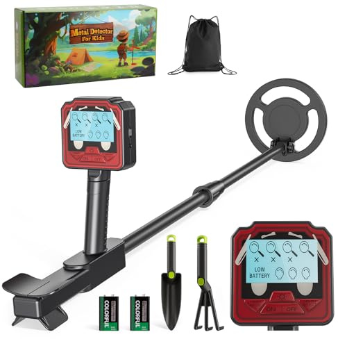 TLPEMN Detector de Metales Niño, Detector Ligero con Pantalla LCD e Indicación Sonora, IP68 Impermeable y Alta Sensibilidad, 2 Modos Kit de Caza del Tesoro para Niños Buscador de Oro (Rojo)