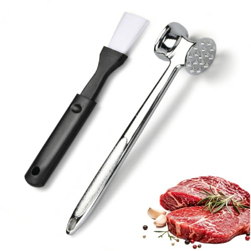 Fleischklopfer Aluminium mit Silikon Pinsel - Doppelseitiger Fleischhammer (Grobe & Feine Zahnung) - Profi Schnitzelklopfer & Meat Tenderizer für Steak, Rind & Geflügel - Küchenhelfer Set