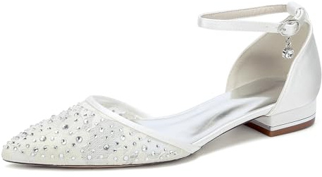 Yhsdfcn Spets och Satin Mix Bröllopsskor Dam Platta Brudskor Strass Spetsiga Ballerinaskor d'Orsay Ankelrem med Kristallhänge Bekväma Festskor Elegant,A ivory,39 EU