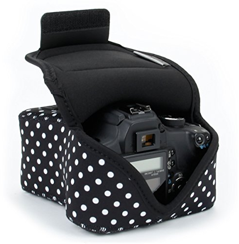 USA Gear Funda Cámara Reflex DSLR con Protección de Neopreno, Presilla para Cinturón y Almacenamiento de Accesorios - Compatible con Nikon D3400, Canon EOS Rebel SL2, Pentax K-70 y más - Lunares