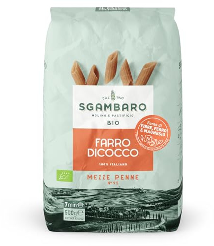 Sgambaro Pasta di Farro Selezione Bio Mezze Penne Rigate N.95 - 500g Pasta Farro 100% Italiana - a Basso Contenuto di Grassi, Fonte di Fibre, Proteine e Zinco - Ideale per Diete Sane e Naturali