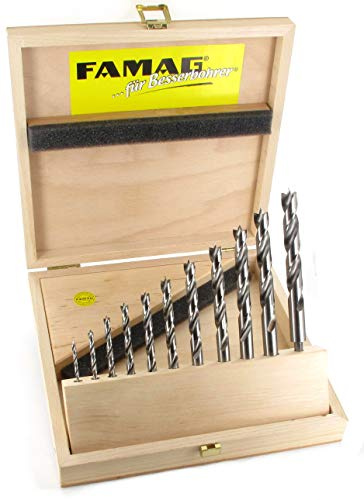 FAMAG Holzspiralbohrer-Bitsatz lang 11-teilig Ø 3, 4 ,5 ,6, 7, 8, 9, 10, 11, 12 und 13 mm im Holzkasten