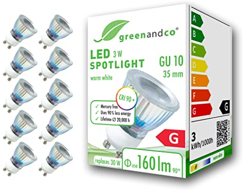 greenandco 10x GU10 35mm LED Spot | 3W 160 lm | 3000K warmweiß | 50° | 230V | CRI 90+ | flimmerfrei | nicht dimmbar
