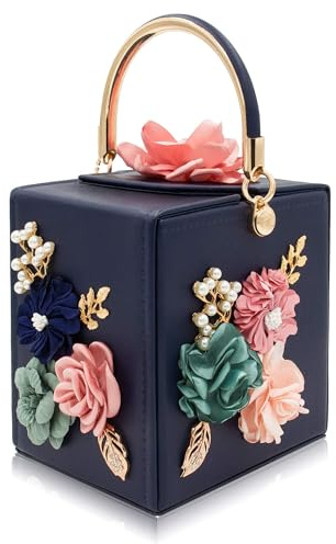Milisente Women's Vegan Leather Flower Box Clutch Top Handle Evening Bag | 3D Floral Pearl Decor, Long Shoulder Chain Strap, Magnetic Closure, For Party Wedding Formal