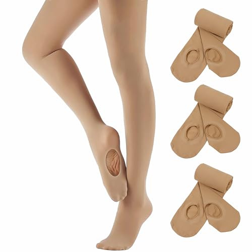 Girls Convertible Ballet Tight 3 Pairs High Elastic Transition Pro Dance Tights Ultra Soft Ballerina Tight Semi-opaque Knit Footed Legging Kid 9-12 Years