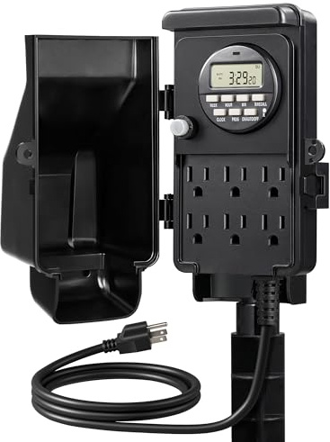 DEWENWILS Outdoor Digital Power Strip Timer, Multi Sockets, Waterproof 6 Outlets Garden Power Stake, 6ft Cord, Digital Timer for Lights, Yard, Garden, 15A Heavy Duty