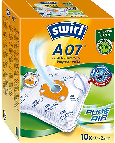 Swirl A07 MicroPor Plus Staubsaugerbeutel für AEG, Electrolux, Progress und Volta Staubsauger 10er Pack, 10 Stück + 2 Filter, Fleece, braun