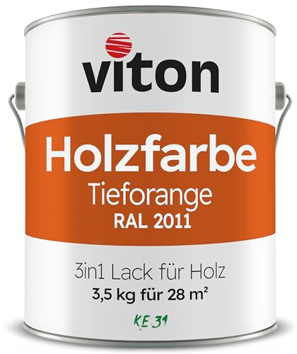 Viton Holzfarbe in Orange - 3,5 Kg Holzlack Seidenmatt - Wetterschutzfarbe für Außen - 3in1 Grundierung & Deckfarbe - Profi-Holzschutzlack - KE31 - RAL 2011 Tieforange