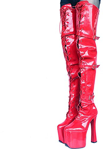 TIKENBST High Heels Chunky Heel Lace Platform Stiefel 20cm Pole Dance Schuhe Overknee Oberschenkel High Leg Boots,Red-44