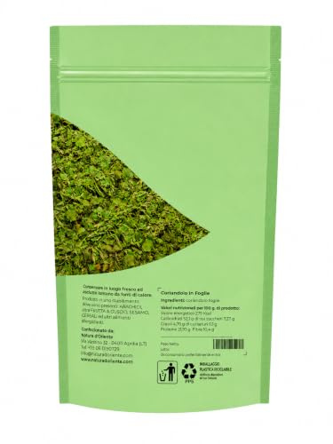 NATURA D'ORIENTE Coriandolo in Foglie Essiccato 100g | Foglie di coriandolo essiccate dal gusto aromatico, ideali per ricette asiatiche, messicane, orientali e mediterranee.