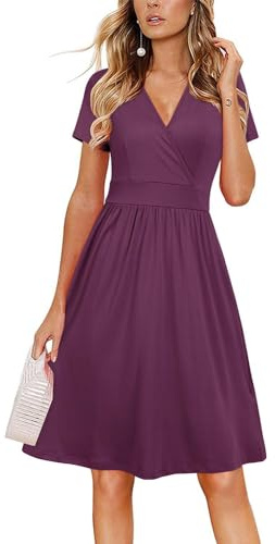 VOTEPRETTY Damas Vestido de Verano Manga Corta Cuello en V Vestido Envolvente Vestido a la Rodilla con Bolsillos