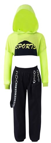 Freebily Tuta da Ginnastica Bambina 3 Pezzi Hoodie con Cappuccio + Reggiseno Sportivo + Pantaloni Sportivi Catena in Metallo Ballerina Jazz Hip Hop Danza Moderna Streetwear Menta verde 9-10 anni