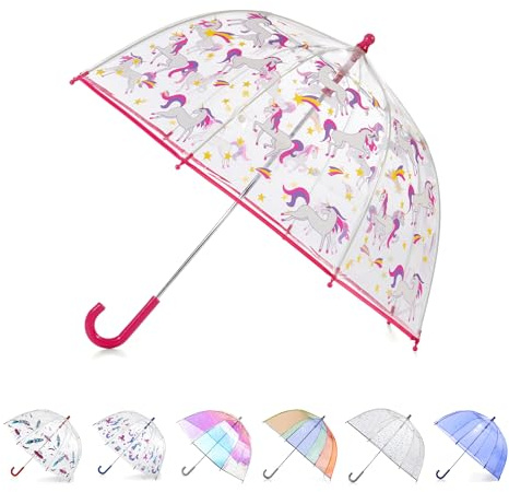 totes Kids Clear Bubble Umbrella with Dome Canopy, Lightweight Design, Wind and Rain Protection Umbrella, Pink Unicorn, Kids - 38 Canopy