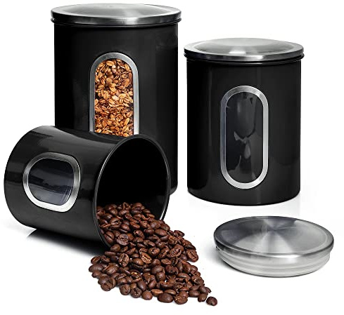 Moss & Stone 3-Piece Black Canisters Sets For The Kitchen, Airtight Canister Set With See Through Window, Storage Jars for Coffee Container, Tea Organizer & Sugar Canister, Black Kitchen Canisters