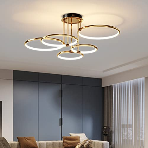 LED Deckenleuchte Modern Design Deckenlampen Gold 5-Ring Lampen Dimmbar Wohnzimmerlampe mit Fernbedienung, Aluminium Led Beleuchtung für Wohnzimmer Schlafzimmer Küche Esszimmer Büro 93cm, 108W…