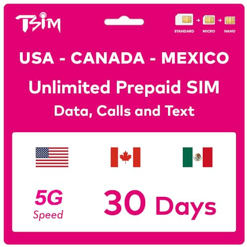 TSIM Tarjeta SIM prepagada de Estados Unidos para 30 días de Viaje | Datos ilimitados de Alta Velocidad 4G/5G en los Estados Unidos + Datos de 5 GB en Canadá y México | Llamadas Locales ilimitadas