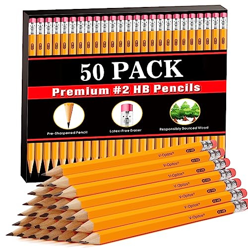 V-Opitos Wood-Cased #2 HB Pencils, 50 Pack Bulk Yellow Pencils with Erasers, Pre-Sharpened, School Classroom Teacher Supplies for Writing, Drawing and Sketching