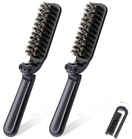 2Pcs Travel Hair Brush, Mini Folding Hair Brush Collapsable Boar Bristles Hair Comb Pocket Beard Brush Portable Hair Styling Tool for Women and Men