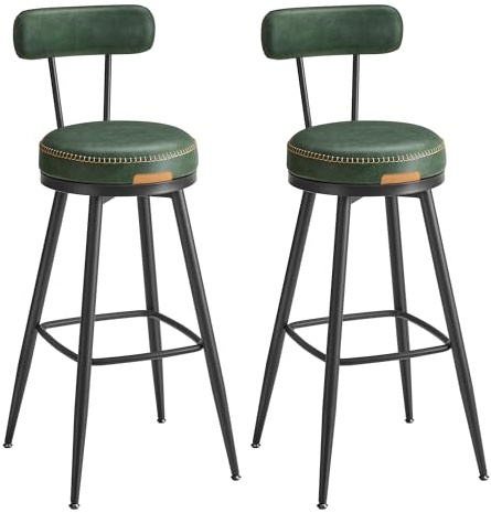 VASAGLE Collection EKHO - Tabourets de Bar, Lot de 2, Chaise de Bar, Chaise de Cuisine, Similicuir, Hauteur 76 cm, pour Cuisine, Salle à Manger, Pivotants à 360°, avec Dossier, Vert Forêt, LBC889C01V2