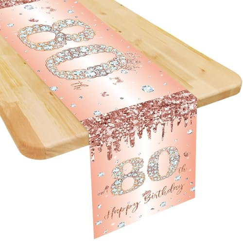 Tischläufer 80 Geburtstag Frau Roségold Happy 80th Birthday Tischband zum 80. Geburtstag Frauen Ihr Jahrestag Feier Party Dinner Tisch Leinen Tischdecke Deko für Zuhause, 180x35 cm Lang