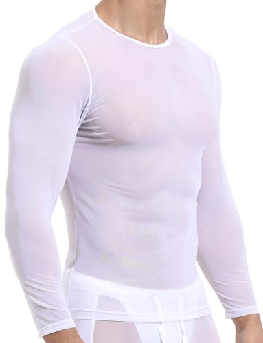 Mens Mesh T Shirt See Through Lounge Long Sleeves Sexy Sheer Muscle Tee Tops Breathable Transparent Undershirt Clubwear White S