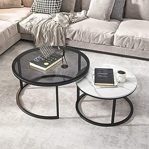 Satz-Couchtische 2er-Set, großer runder Couchtisch aus gehärtetem Glas mit Schieferplatte, Kleiner runder Sofatisch für Wohnzimmer, stapelbare Satztische mit stabilem Metallrahmen, moderner