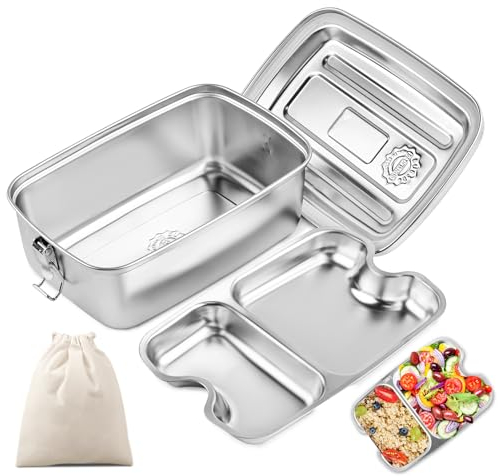 WuGU 2000ml Boîte à Bento en Acier Inoxydable, Lunch Box Inox avec Compartiment et Sac, Anti Fuite, Passe au Lave-vaisselle, pour Pique Nique, Travail, Ecole-2 grilles