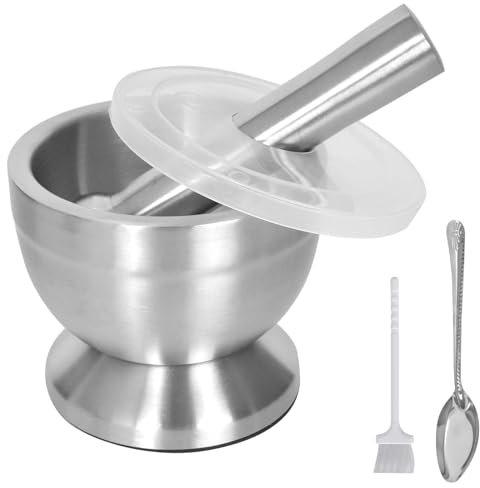 KYSUN Mortero de Acero Inoxidable, Juegos de Mortero y Mano, Acero Inoxidable Mortero Cocina, Trituradora y Tazón de Hierbas, Mortero de Especias con Tapa de Plástico, Cepillo y Cuchara