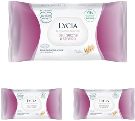 Lycia - Salviette Struccanti per Pelli Secche e Sensibili, Salviette Struccanti per Viso e Occhi, con Latte D'Avena, in tessuto 100% naturale, 60 pezzi (Confezione da 3)