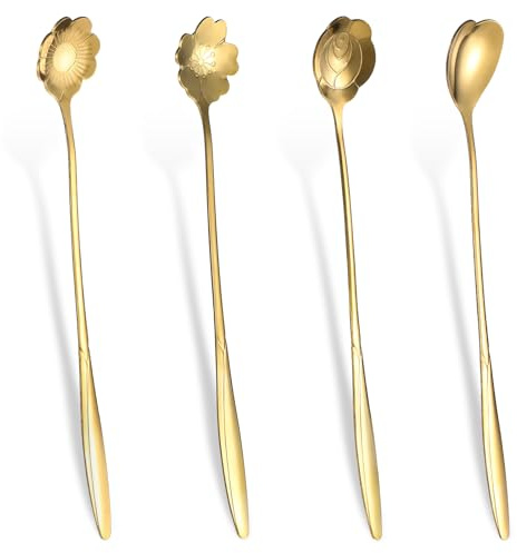 4 Pcs Flower Spoon Coffee Teaspoon 7'' Creative Flower Coffee Spoon Drink Stirring Spoon Stir Bar Spoon Long Handle Spoon Retro Dessert Demitasse Espresso Spoons for Coffee Tea Dessert Ice Cream
