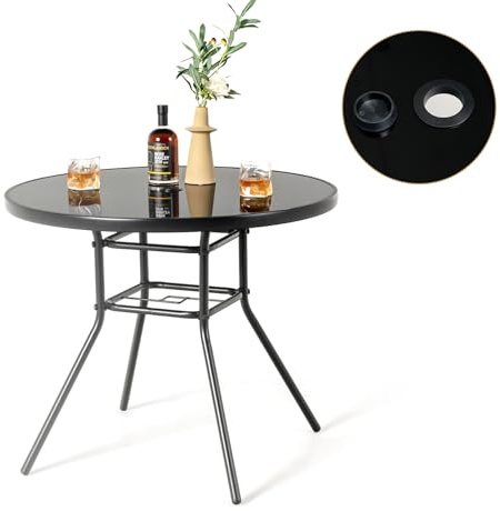 KOMFOTTEU Trädgårdsbord med paraplyhål, sidobord runt av härdat glas, bistrobord med robust metallram, matbord för trädgård, balkong, 86 x 86 x 71 cm