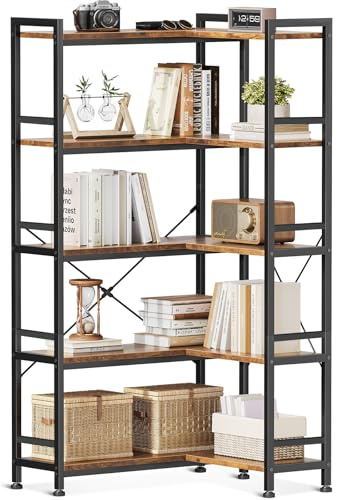 Coleshome 5-Tier Corner Bookshelf, 5-Shelf L Shaped Corner Bookcase, Tall Bookshelves Storage Display Cabinets for Living Room Home Office, Bedroom, Rustic Brown, 72.8 x 65.3 x 145.5
