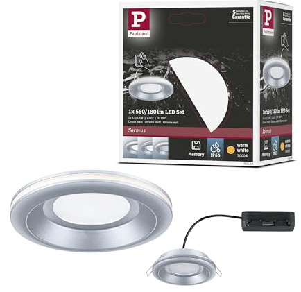 Paulmann 92249 LED Einbauleuchte Sormus IP65 rund 100mm 4,8/1,5W 560lm / 180lm 230V 3000K Chrom matt