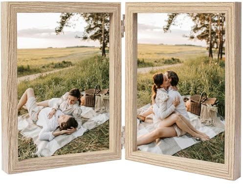 Ichigo Ichie Marco de Fotos Doble Plegables, Portafotos Plegable para Mesa, Marco de Fotos de Madera Decorativo Multiples para 2 Fotos de 15x20cm, Madera