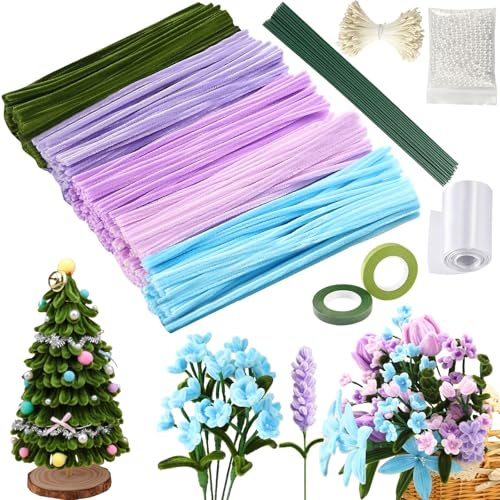 Hhaoysogd Pfeifenreiniger Blumen Set, 500 Stück Pfeifenputzer zum Basteln, 5 Farben zum Basteln mit Blumendraht, Schleifenband, Blumen Staubblatt für Blumenstrauß DIY Dekorationen (Lila)