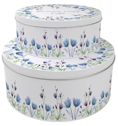 Purely Home Blooming Lovely Set of 2 Cake Tins - Nesting Round Large & Medium Metal Storage Containers for Cakes and Baking - Blue & Purple Floral Homeware Gifts